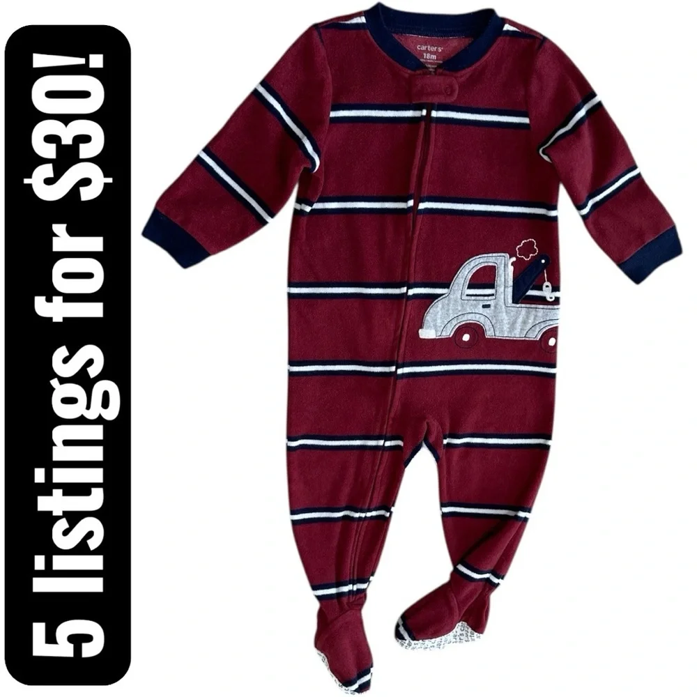 Carter's Toddler Boy Zip Footie Pajamas Sleeper Striped Fleece Tow Truck 18 M